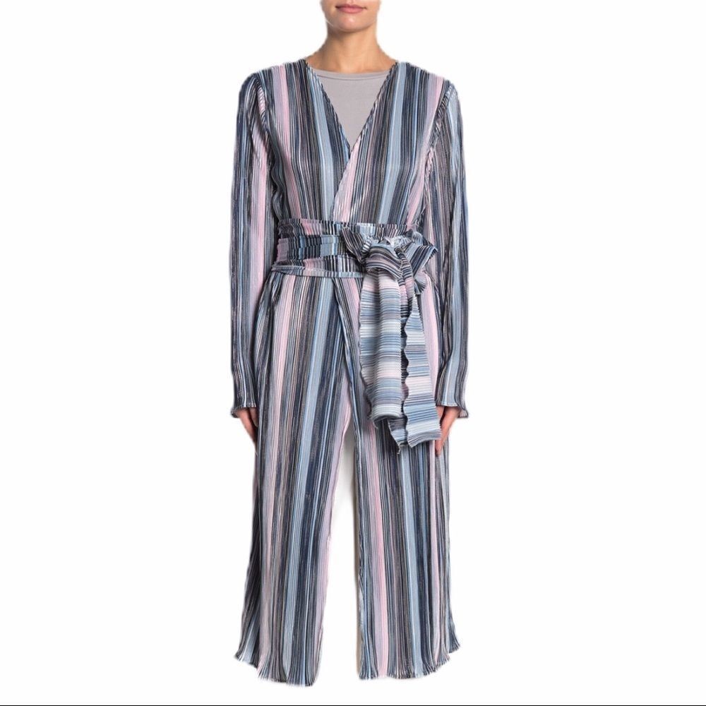 Long Sleeve Plisse Striped Long Kimono Robe Cover Up by TOV NEW